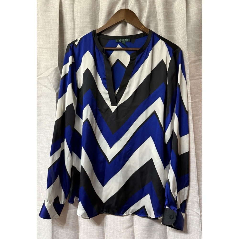 Women's Large Lauren Ralph Lauren V Neck Shirt Zig Zag Pull On Blue Black White